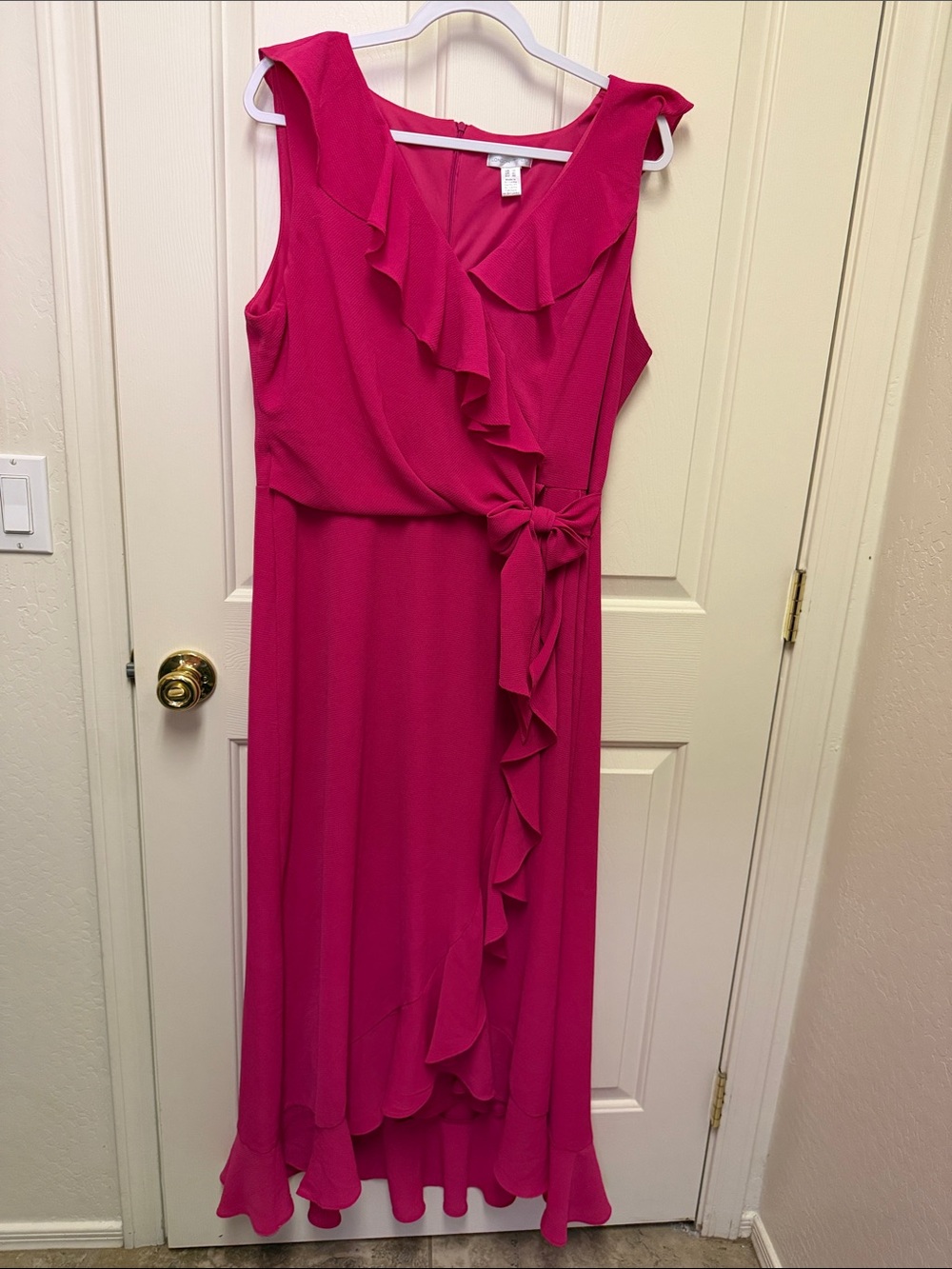 London Times Sleeveless Ruffle Wrap Maxi Dress in Hot Pink